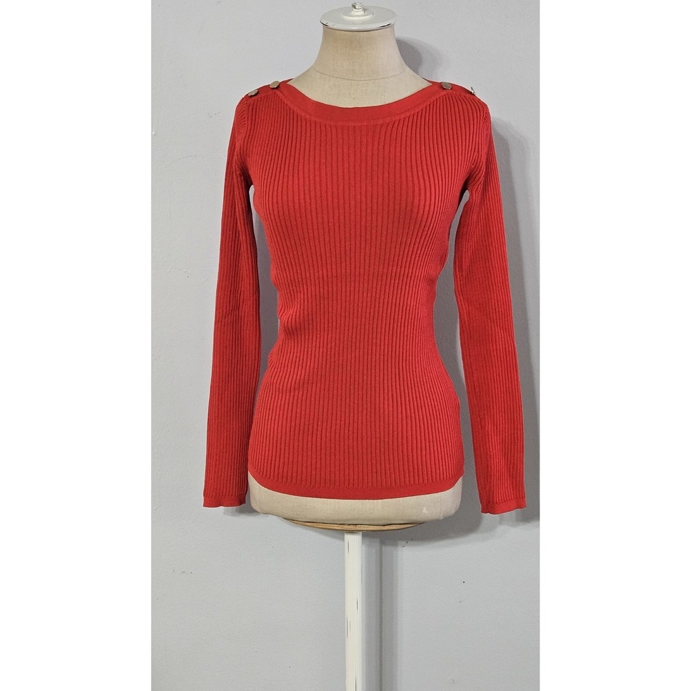 Elie Tahari Women's Red Knit  Long-sleeve Sweater With Gold Shoulder Buttons